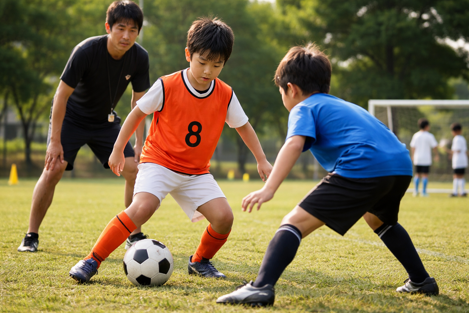 サッカーディフェンス練習を行う日本人男性