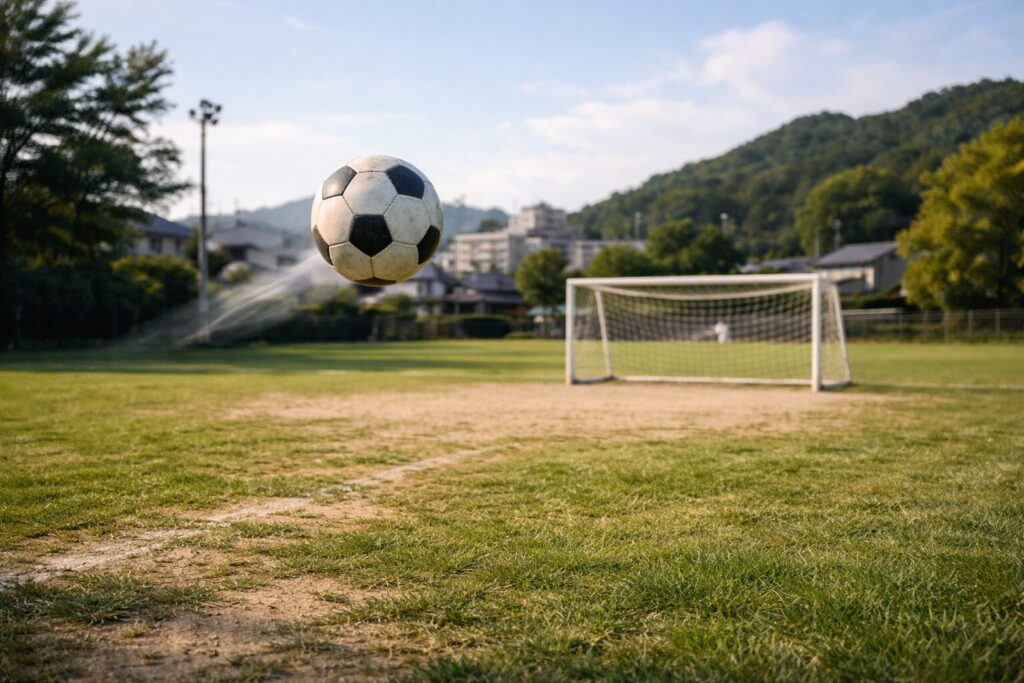 サッカーのロングシュートの瞬間