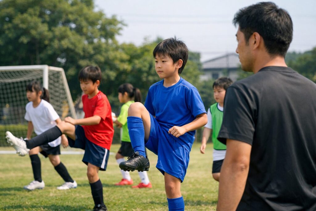 試合前にアップする日本人男性選手