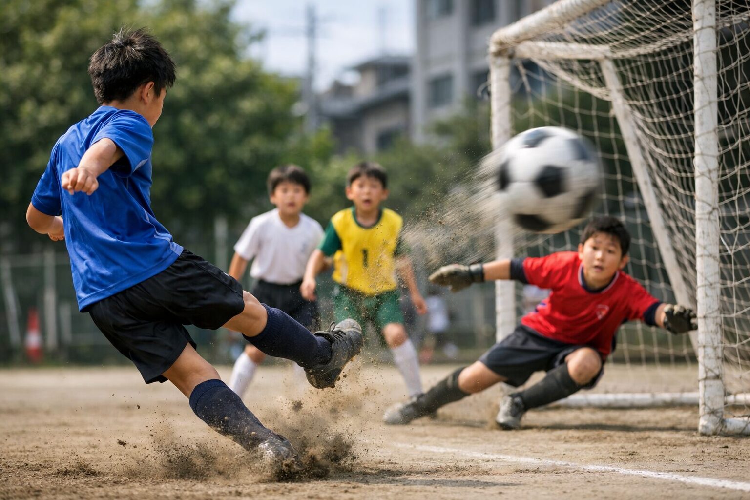 弾丸シュートを放つ日本人男性