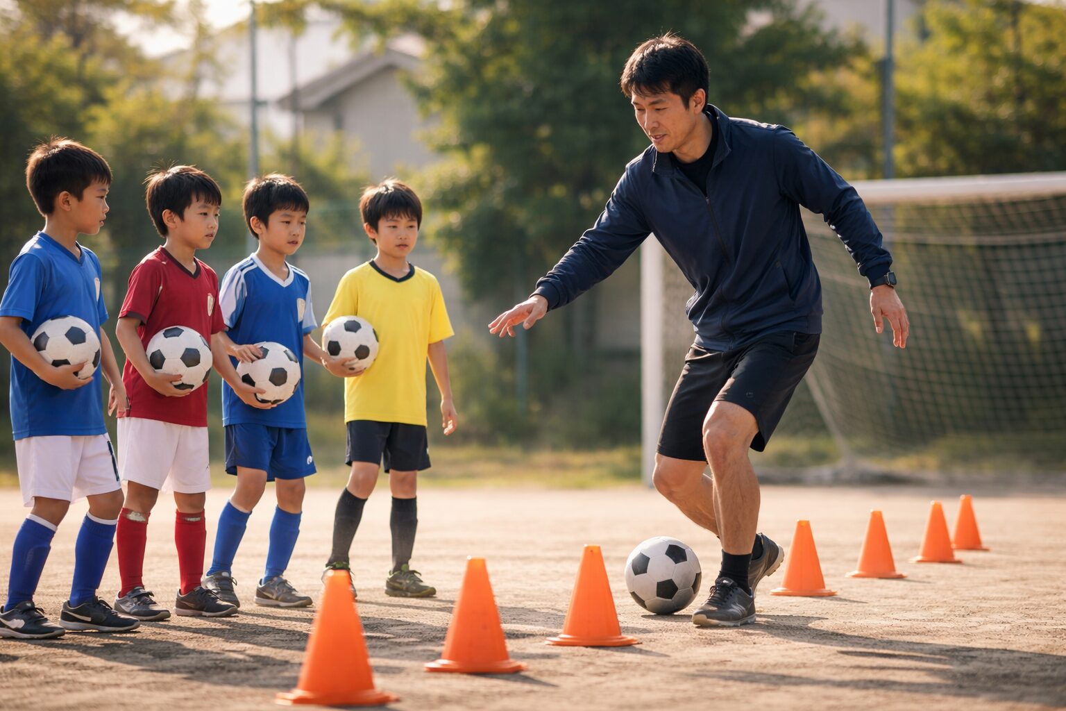 再現性を意識する日本人男性のサッカー練習