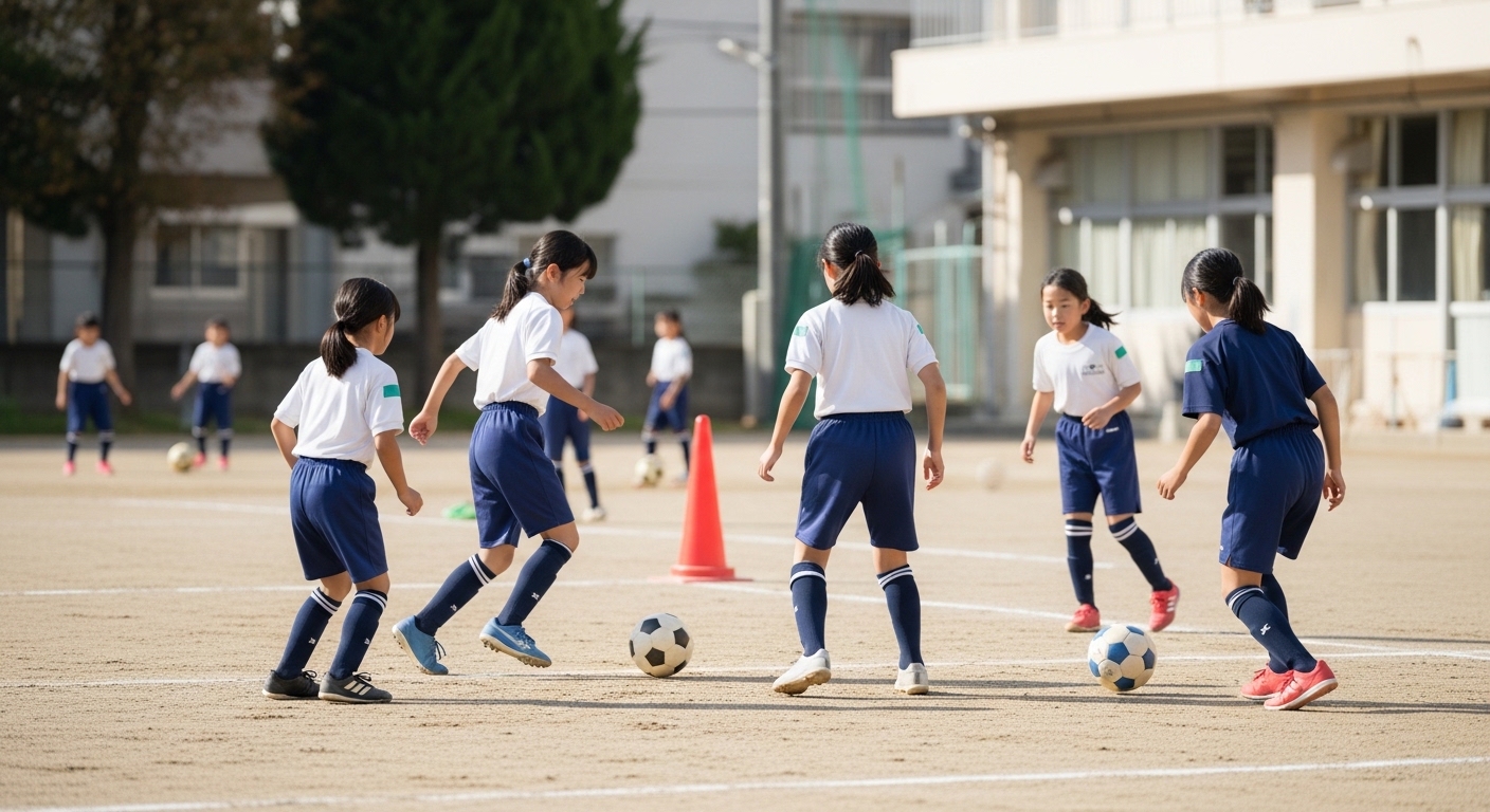 日本人女性のサッカーボールコントロール練習