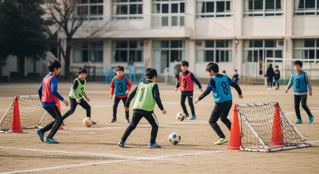 サッカーの音声学習を活用し、移動中に戦術理解を深める少年少女選手のトレーニングイメージ