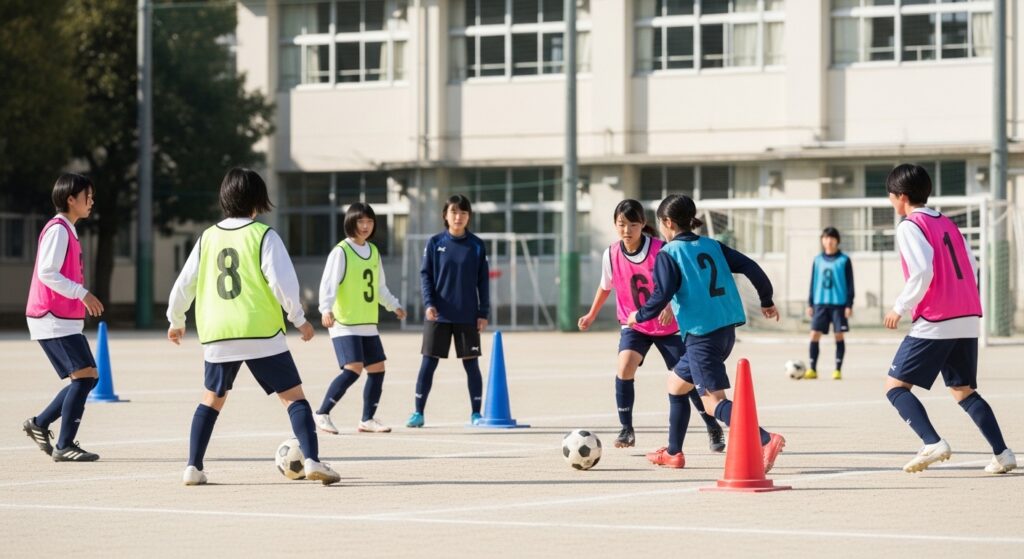 少年少女サッカーの環境で子どもたちが練習に励む様子を表すイメージ画像