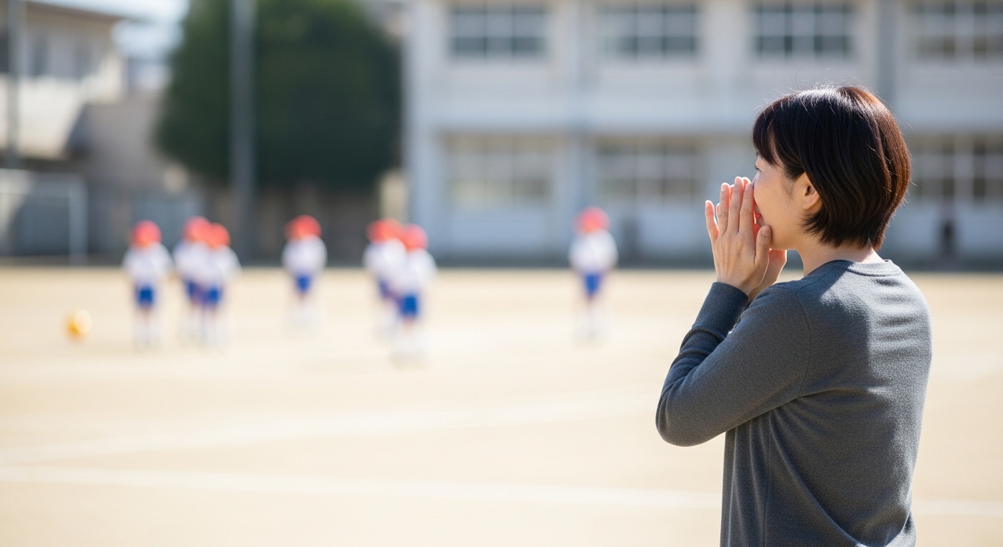 サッカー審判の笛の鳴らし方を確認しながら、少年少女サッカーの試合を見守る女性審判を表現したイメージ画像