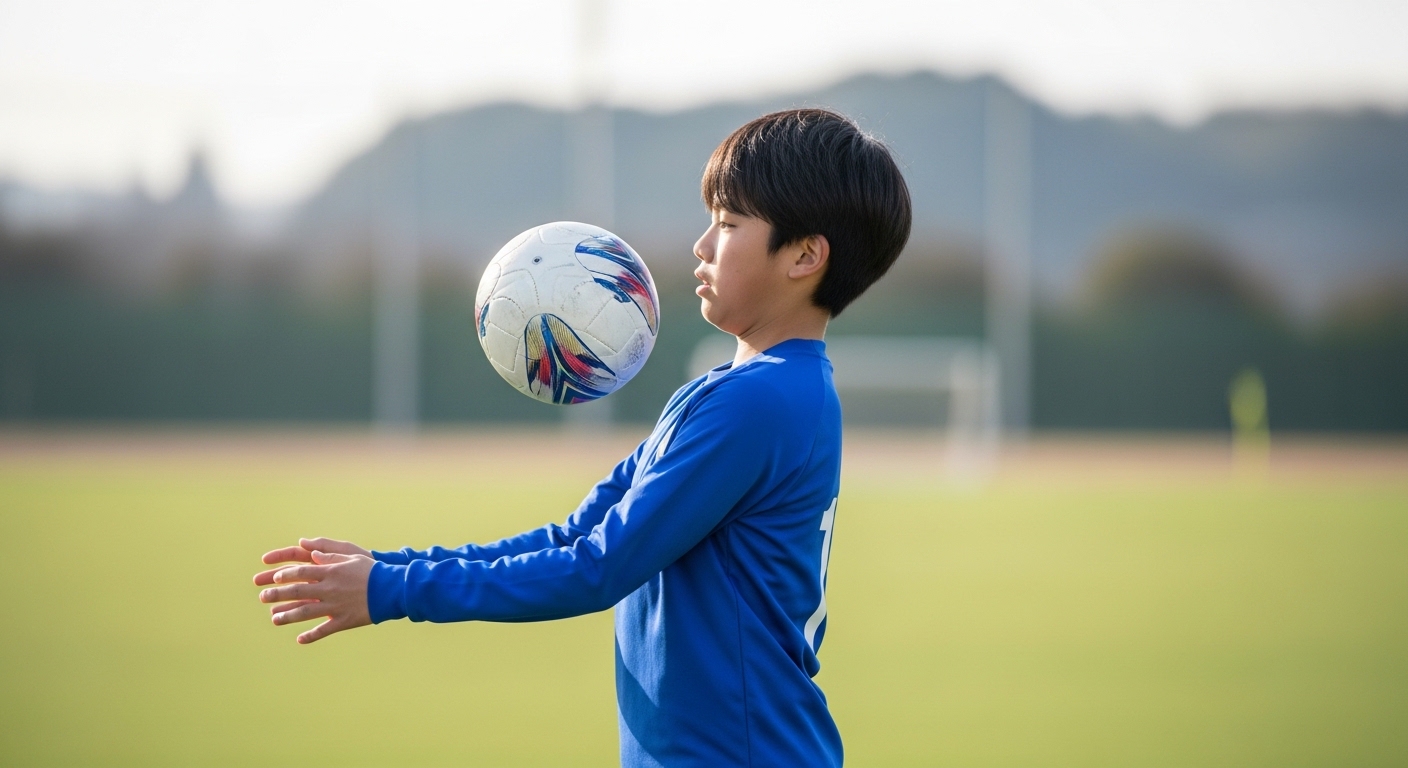 日本人男性がサッカーボールの空気圧を調整