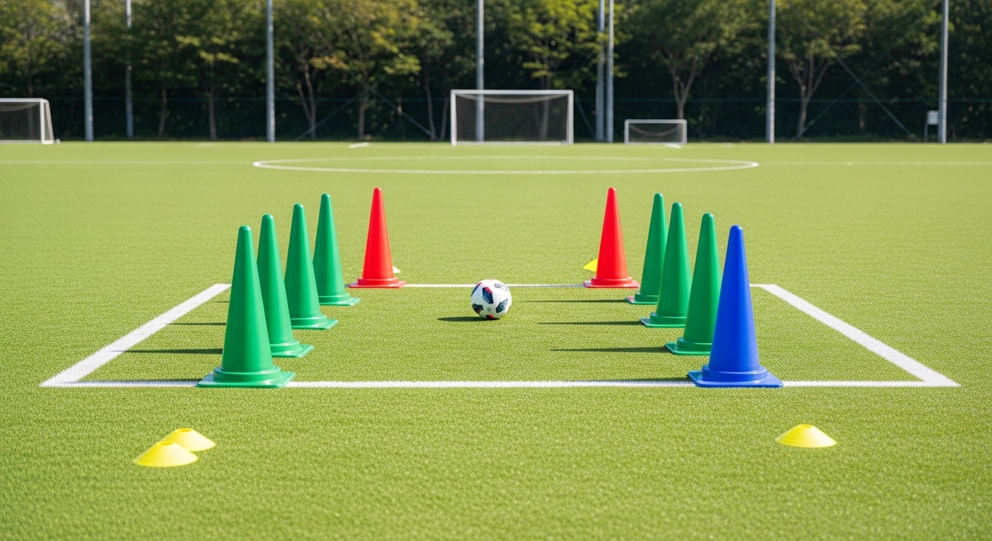 サッカーの反則判定をテーマに、芝生のピッチに置かれたボールと試合前の緊張感が漂う競技場の風景