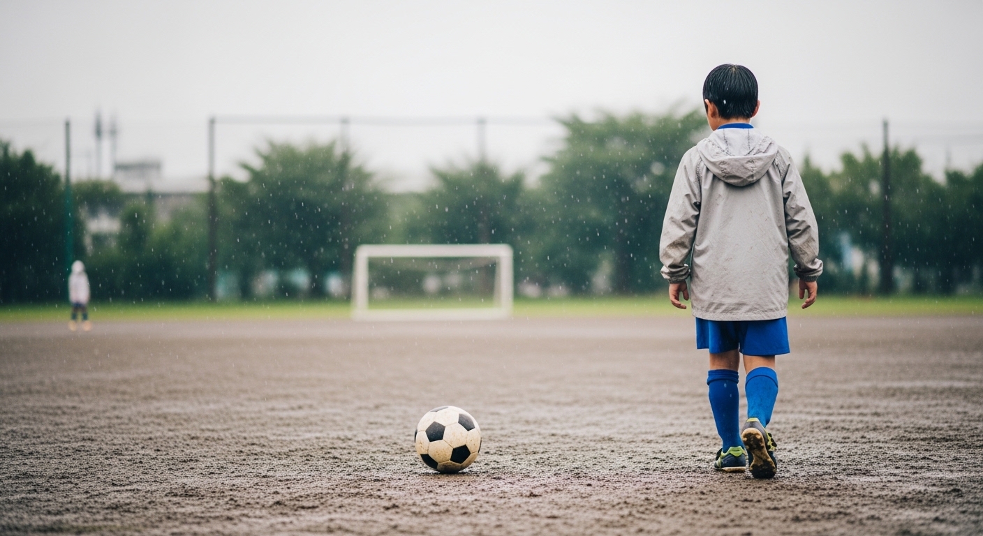 少年がどのサッカー入門本を選ぶか迷う