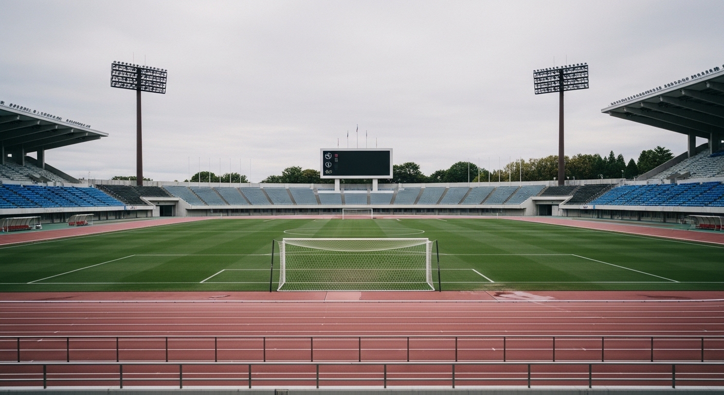 少年少女サッカーのスポ少トラブルをテーマにしたグラウンドとベンチ周辺の落ち着いた雰囲気の風景