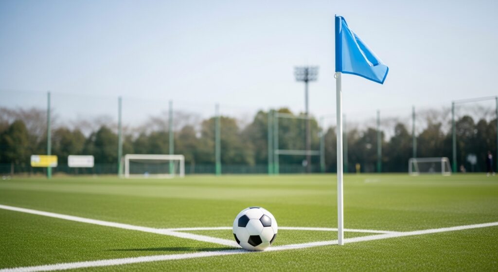 サッカーゾーンの考え方を意識しながらフィールドで連携する小中学生の選手たちの練習風景