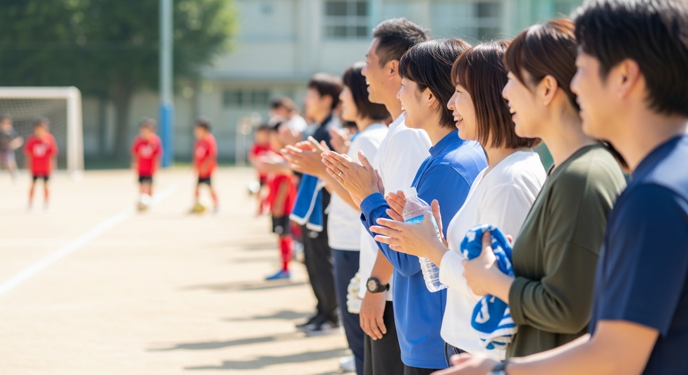 サッカー観戦でママの日焼け対策も大切なことを意識し、帽子や日傘で紫外線対策をしながら応援する女性を表現したイメージ画像