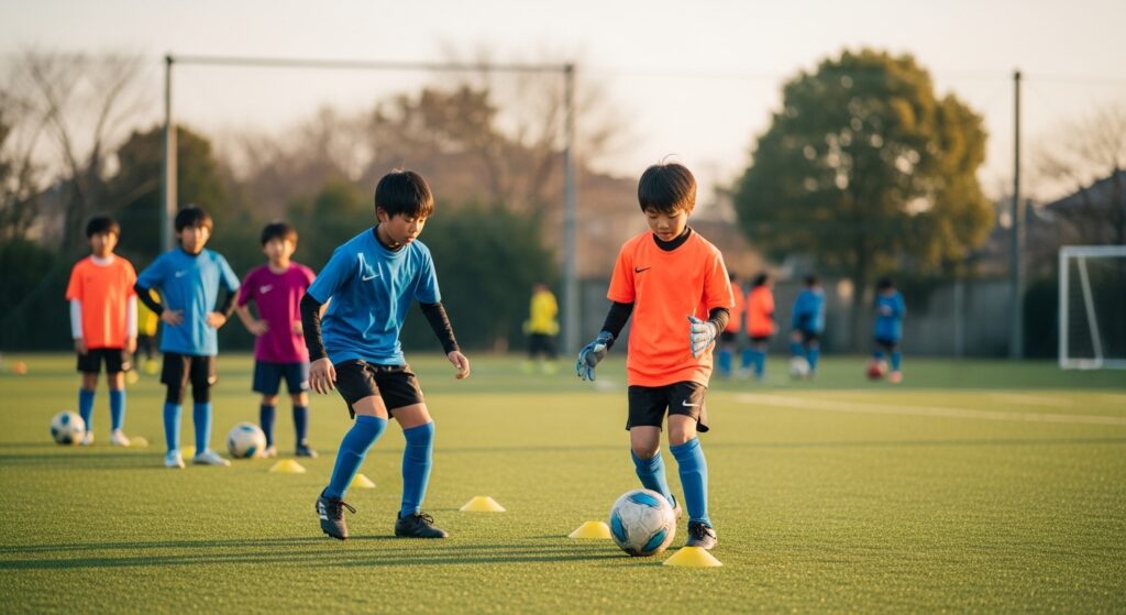 小中学生年代のサッカー審判がホイッスルを使いながら試合を進行するイメージ