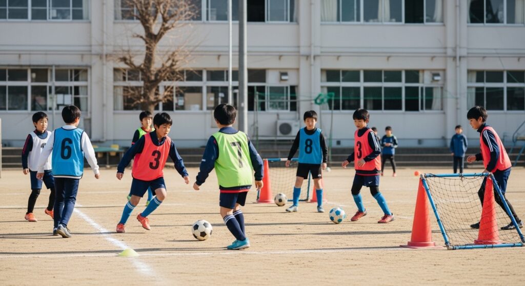 サッカーの試合中に相手選手のユニフォームを引っ張りながら守備をするジュニア年代のプレーシーン