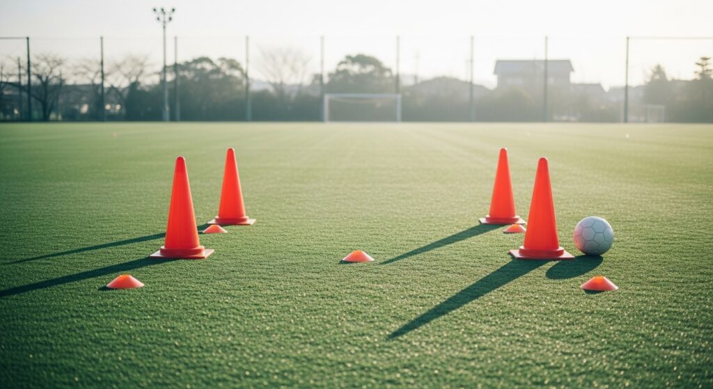 少年少女サッカーの現場でコーチが子どもたちへサッカー指導案を説明している練習風景