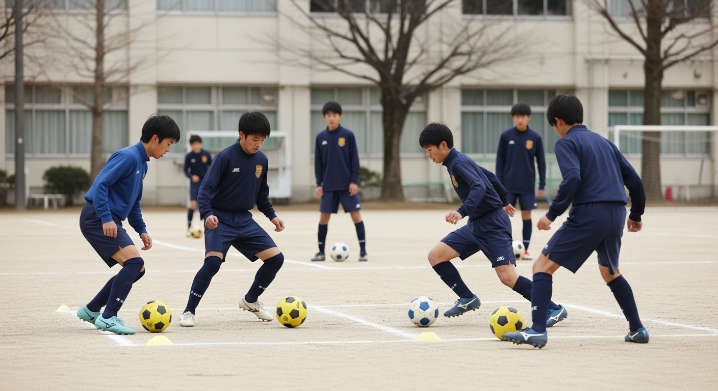 少年サッカーの練習中にコーチが指導案を確認しながら選手へ戦術や動きを伝えている様子