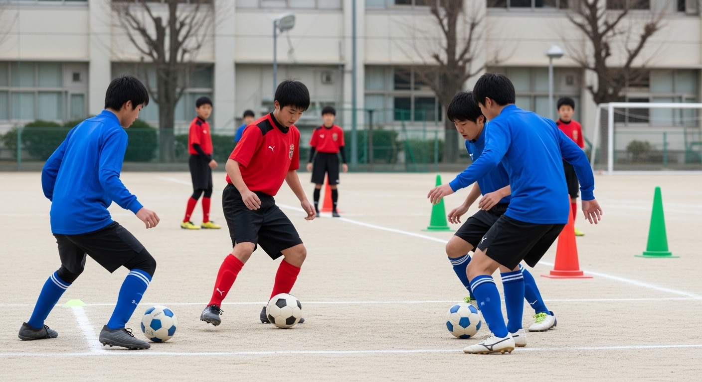 サッカー少年が体幹トレ器具でバランス練習