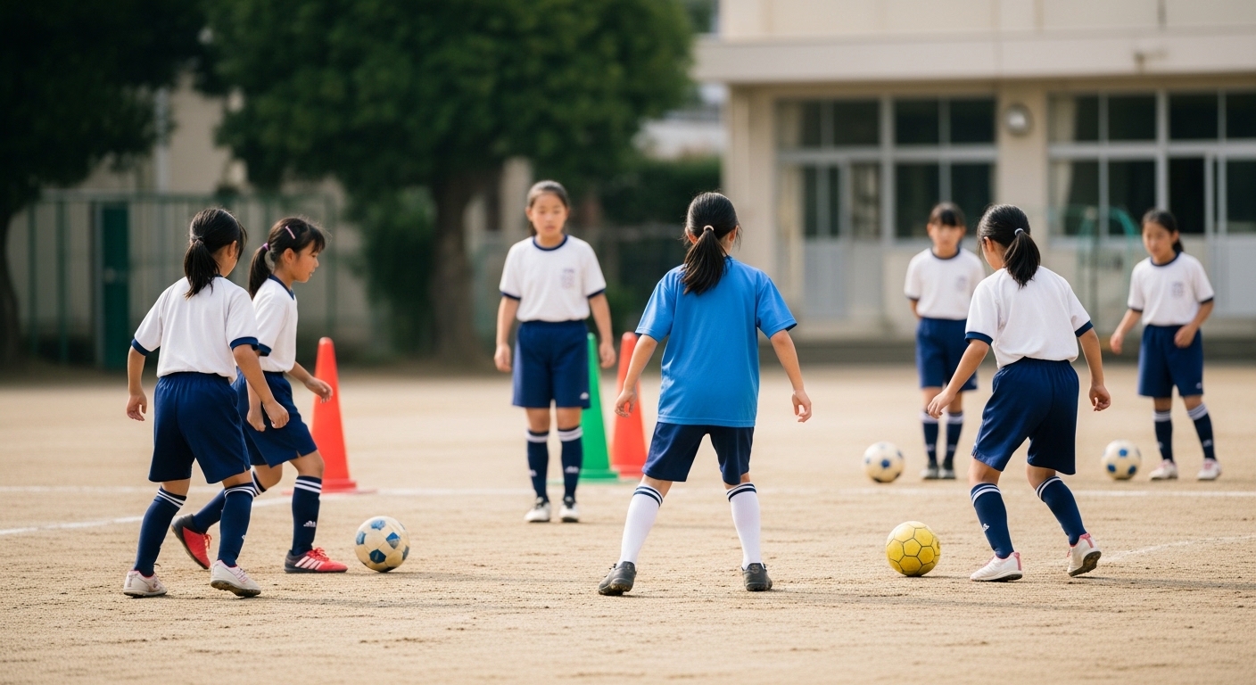 FC東京アドバンスセレクション挑戦に向け、仲間と前向きに練習へ取り組む少女選手のサッカーイメージ