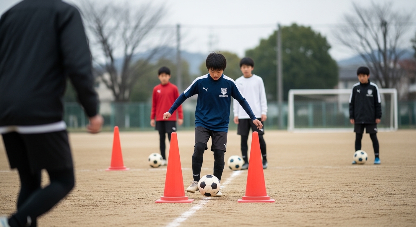サッカーゾーンを理解しながら試合中に周囲を確認し動き出す小中学生の男子選手の実践シーン