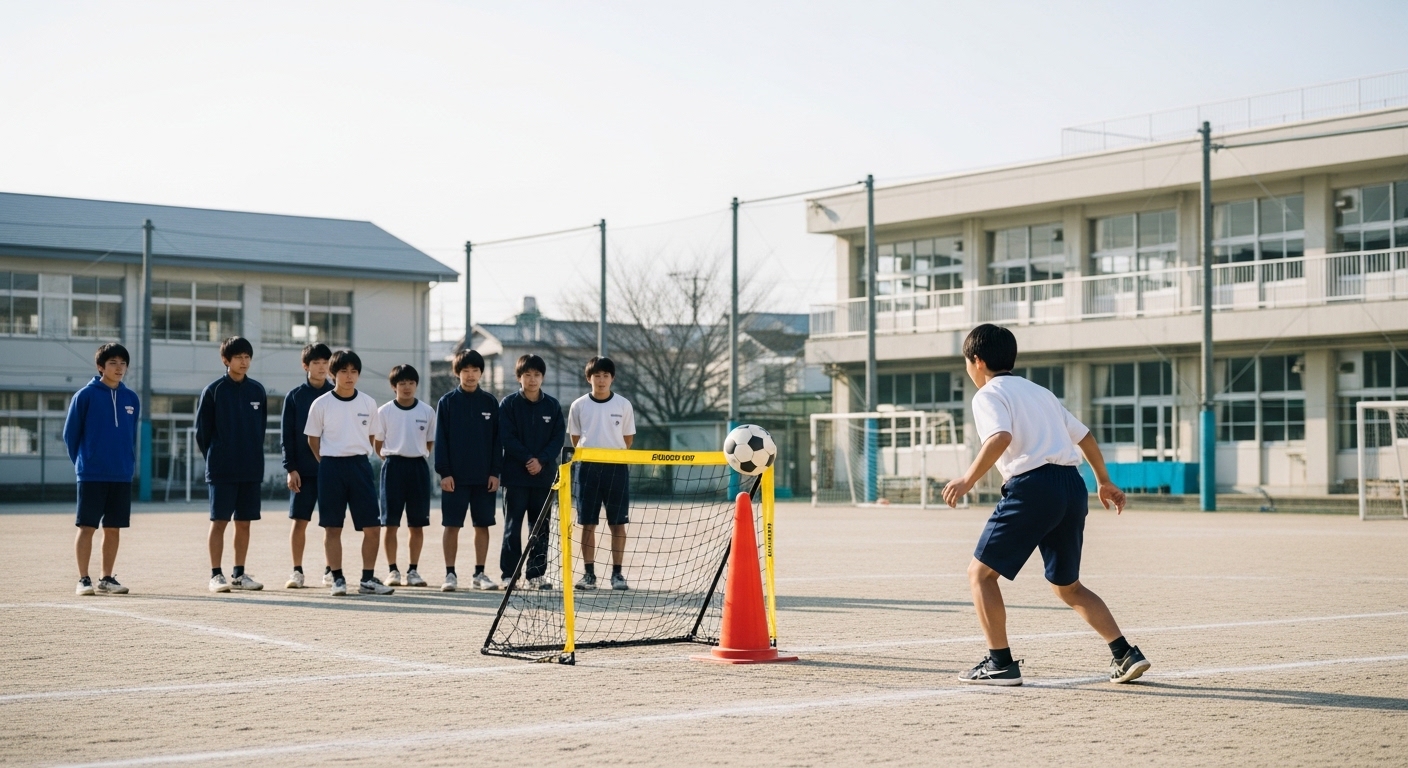 走り込みとは何かを学びながら、サッカーの試合で最後まで走り切る力を身につけようとする少年のイメージ画像