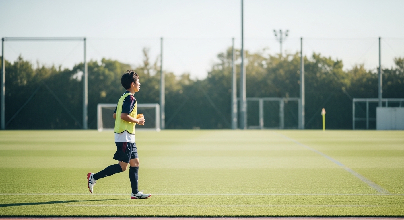 50メートル走7秒台を目指して少年サッカーの練習後にダッシュを繰り返す小学生男子の真剣な姿
