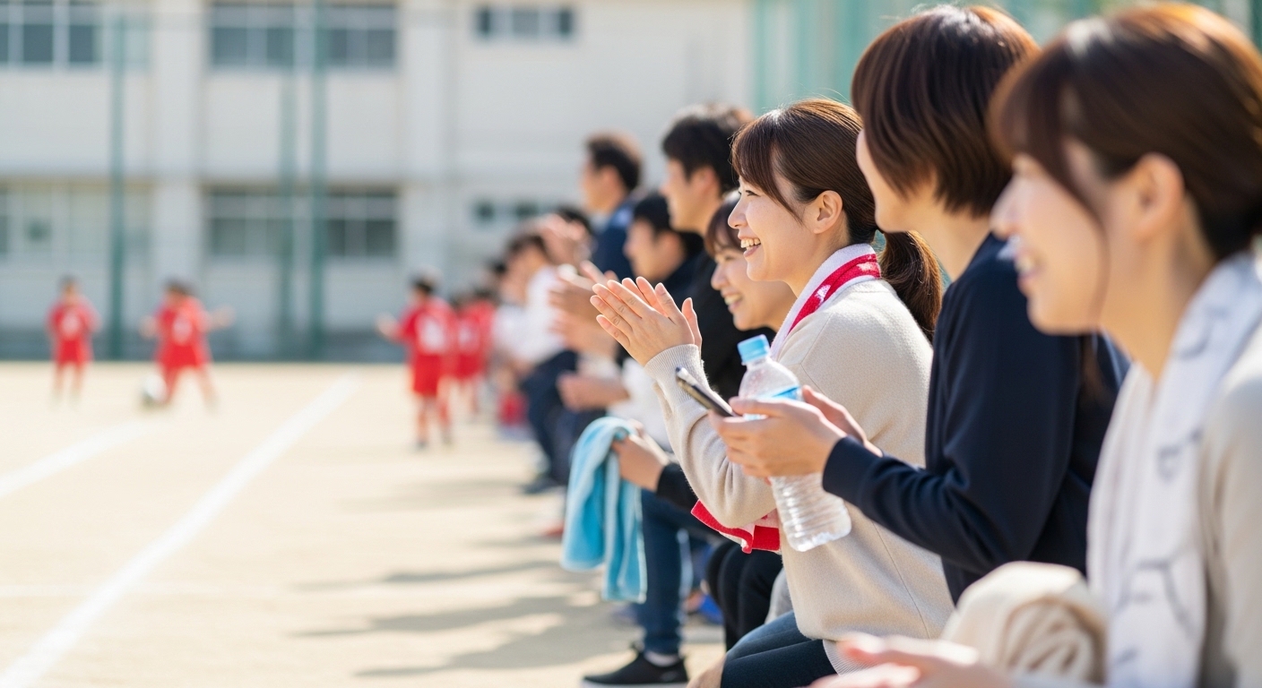 日本人女性が日傘でサッカー観戦の暑さ対策