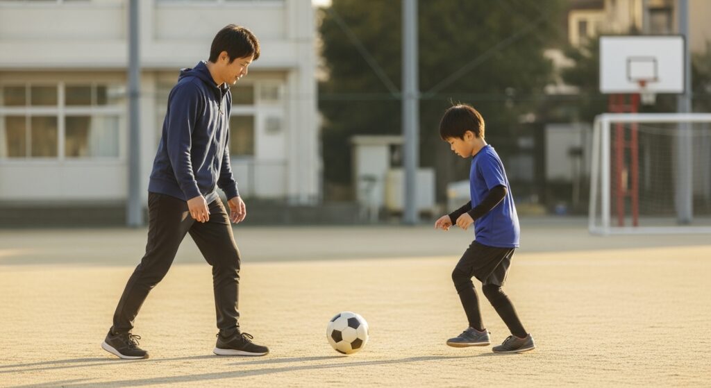 日本人男性が基礎ドリブル練習に取り組む場面