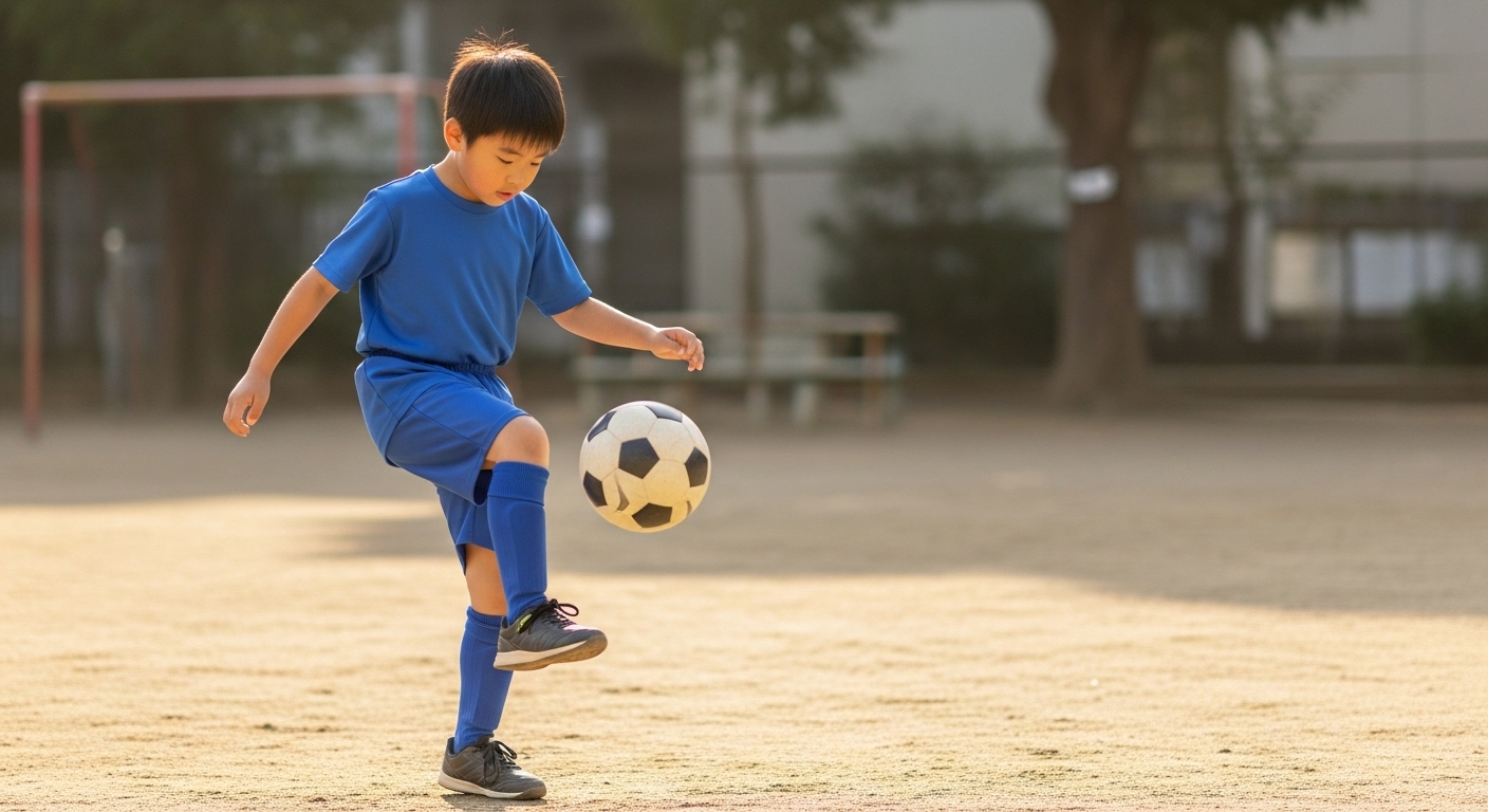 小学生がリフティング練習でボールを蹴る