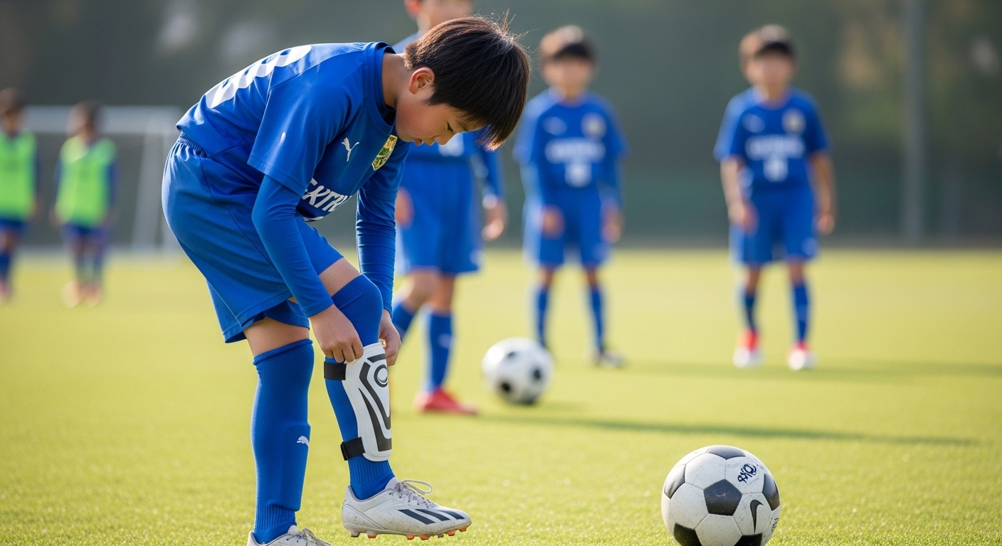 サッカー少年がキッズすね当てを装着