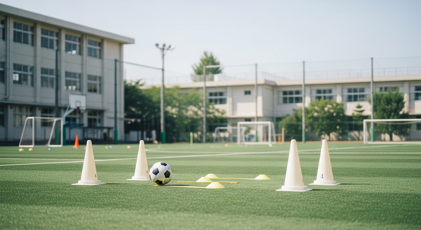 サッカーの基本練習でボール操作を磨く様子