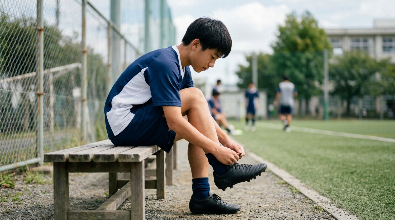サッカースパイクの洗い方を覚えながら、練習後に自分で手入れをする少年選手のイメージ画像
