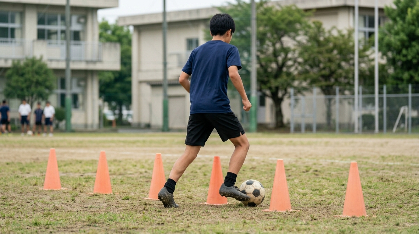 クイックネスとはサッカーで大切な能力と理解し、素早い動きを練習する少年選手のイメージ画像