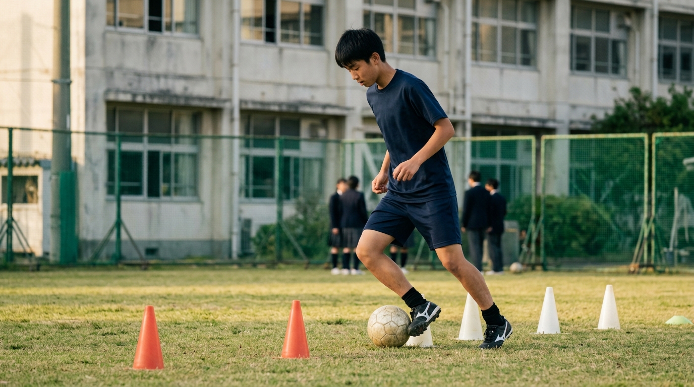 サッカー選手平均身長（小学生〜中学生）を意識しながら、体づくりに励む少年選手のイメージ画像