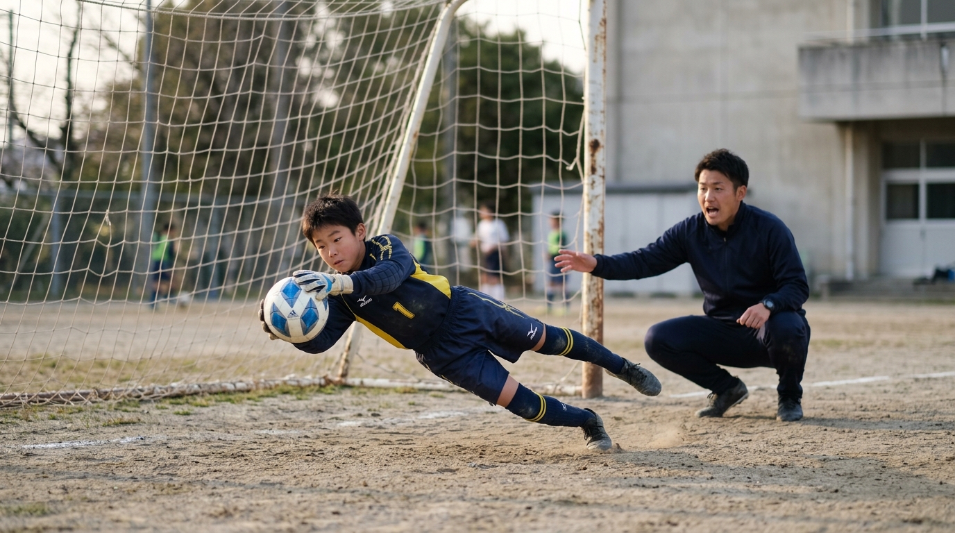 キーパーに選ばれる子の特徴を意識しながら、守備練習へ取り組む少年選手のイメージ画像