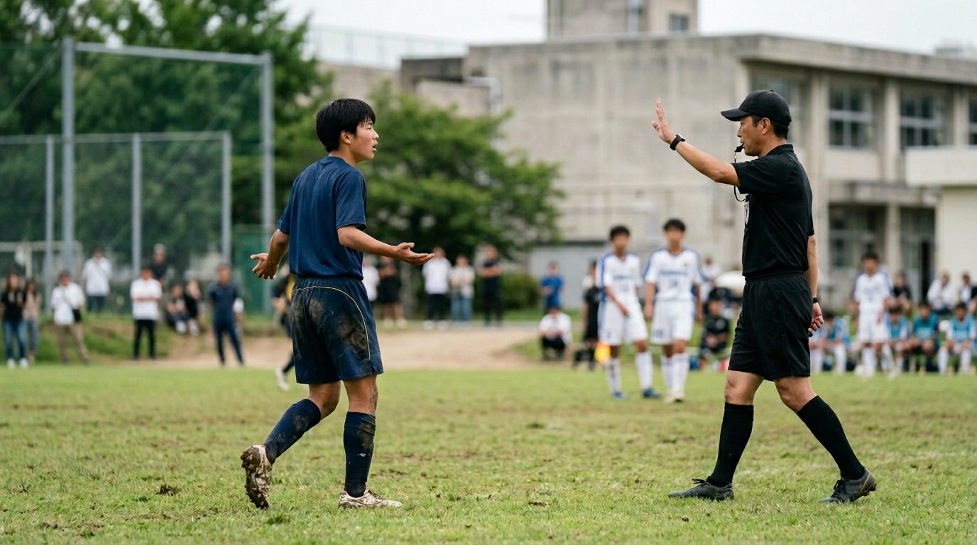 小学生ペナルティエリアとは何かを学びながら、8人制サッカーの動きを確認する少年選手のイメージ画像