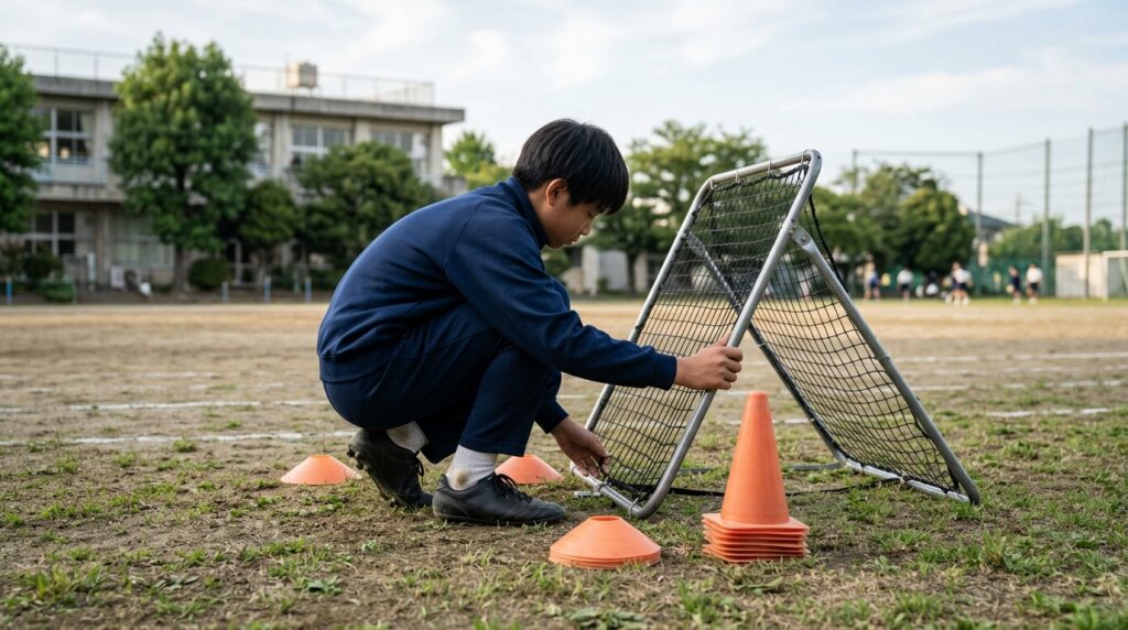 少年少女サッカーで自動追尾ビデオカメラや試合撮影準備を表すイメージ画像
