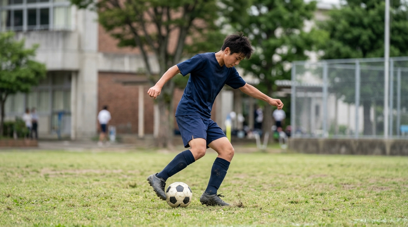 サッカー一人練習 小学生版を意識しながら、公園でボールコントロール練習をする少年選手のイメージ画像