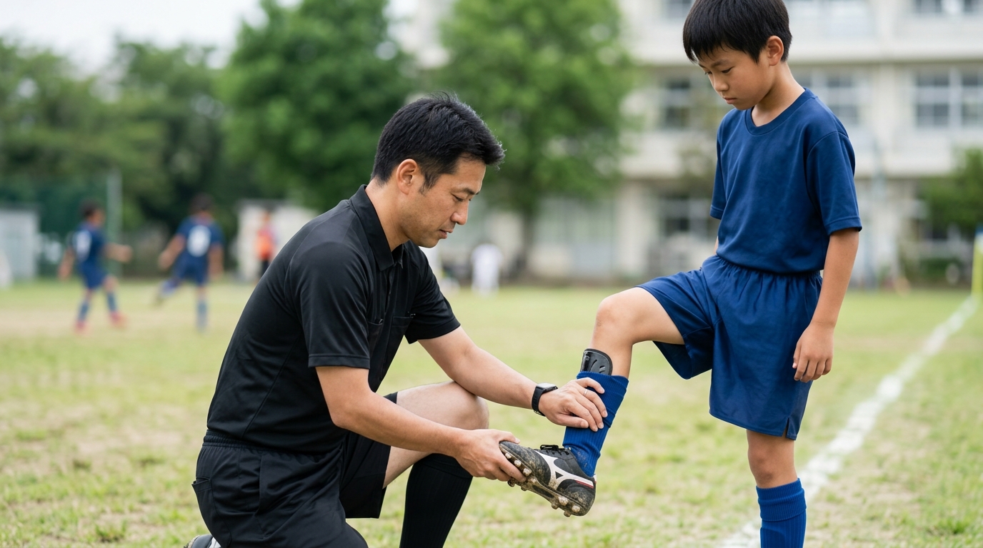 サッカー審判ワッペンの付け方を確認しながら、試合前の準備を進める少年審判のイメージ画像