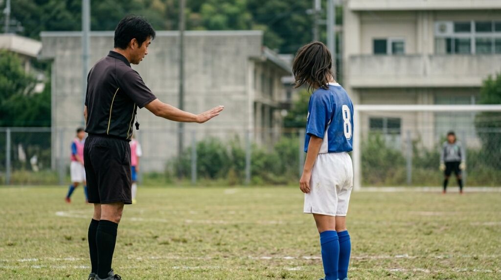 少年少女サッカーで審判ワッペンの装着や試合準備を表すイメージ画像