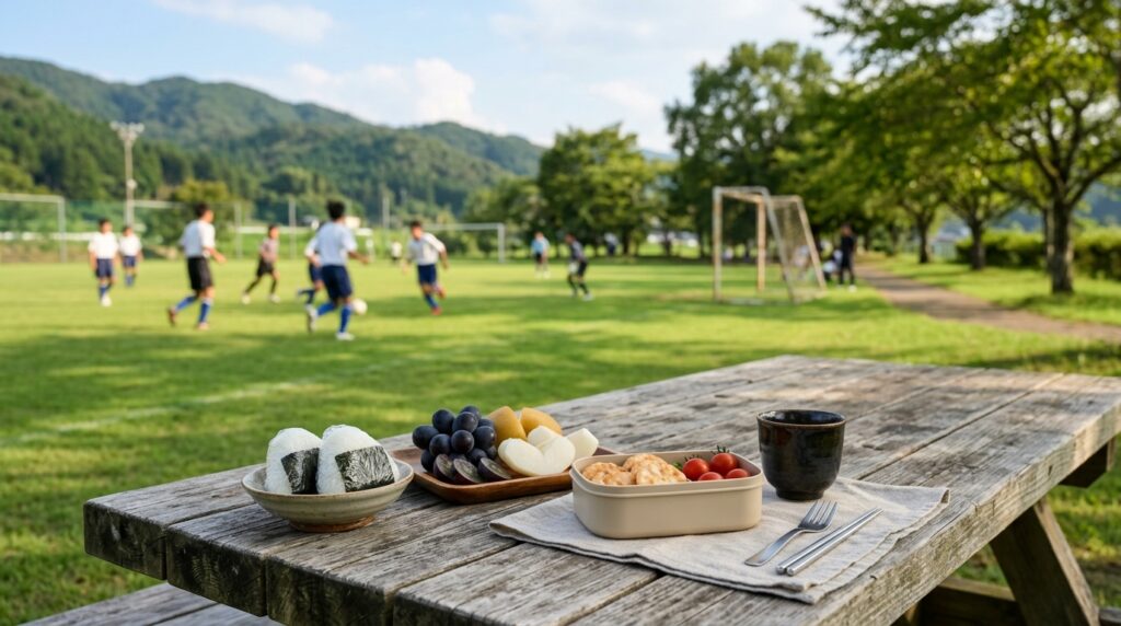 コーチへの感謝の言葉を保護者が伝える場面を連想させる差し入れとテーブルのイメージ画像