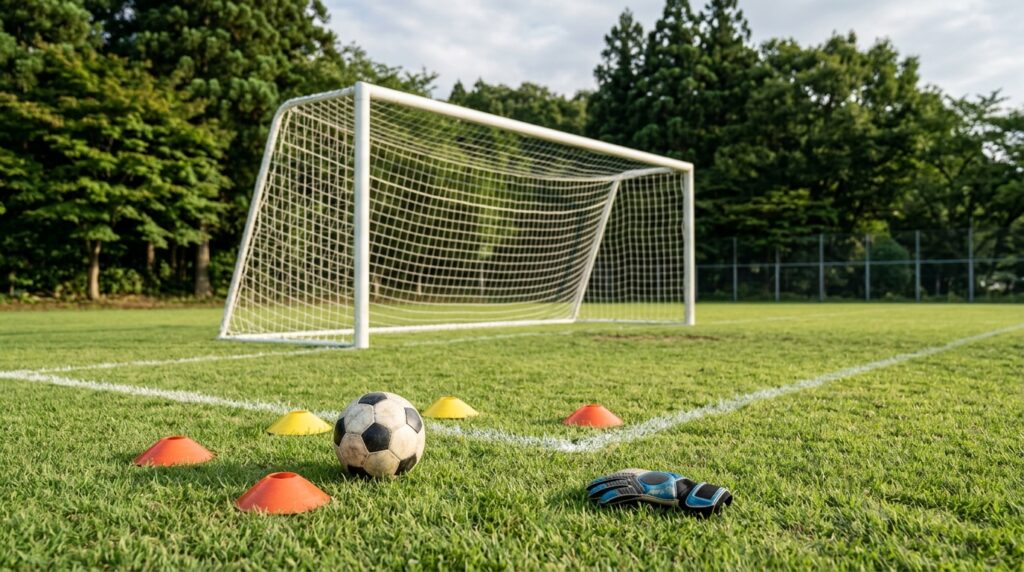 少年少女サッカーでパントキック練習やゴールキーパー技術向上を表すイメージ画像