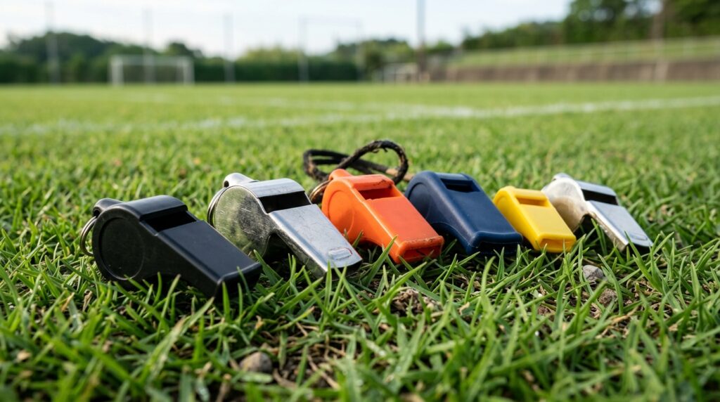 芝生に並ぶ少年サッカー用ホイッスル