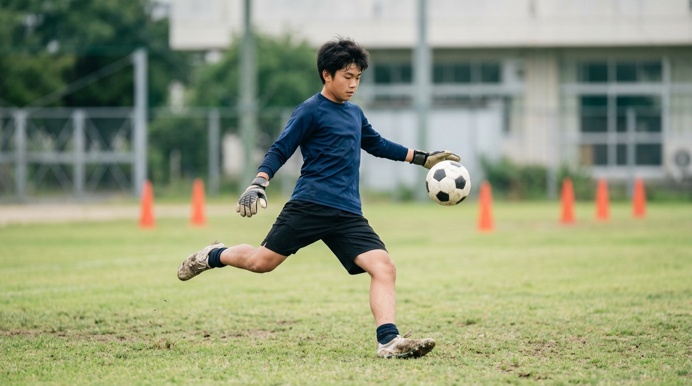 パントキックとは何かを学びながら、遠くへ正確に蹴る練習へ取り組む少年ゴールキーパーのイメージ画像