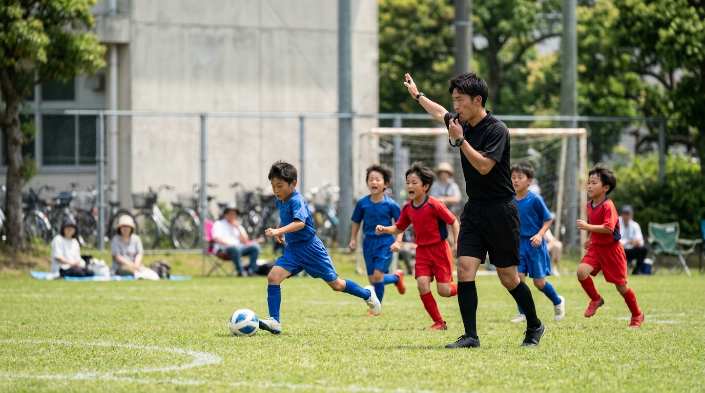 サッカー審判の笛おすすめ3選を参考に、試合で使う笛を確認する少年審判のイメージ画像