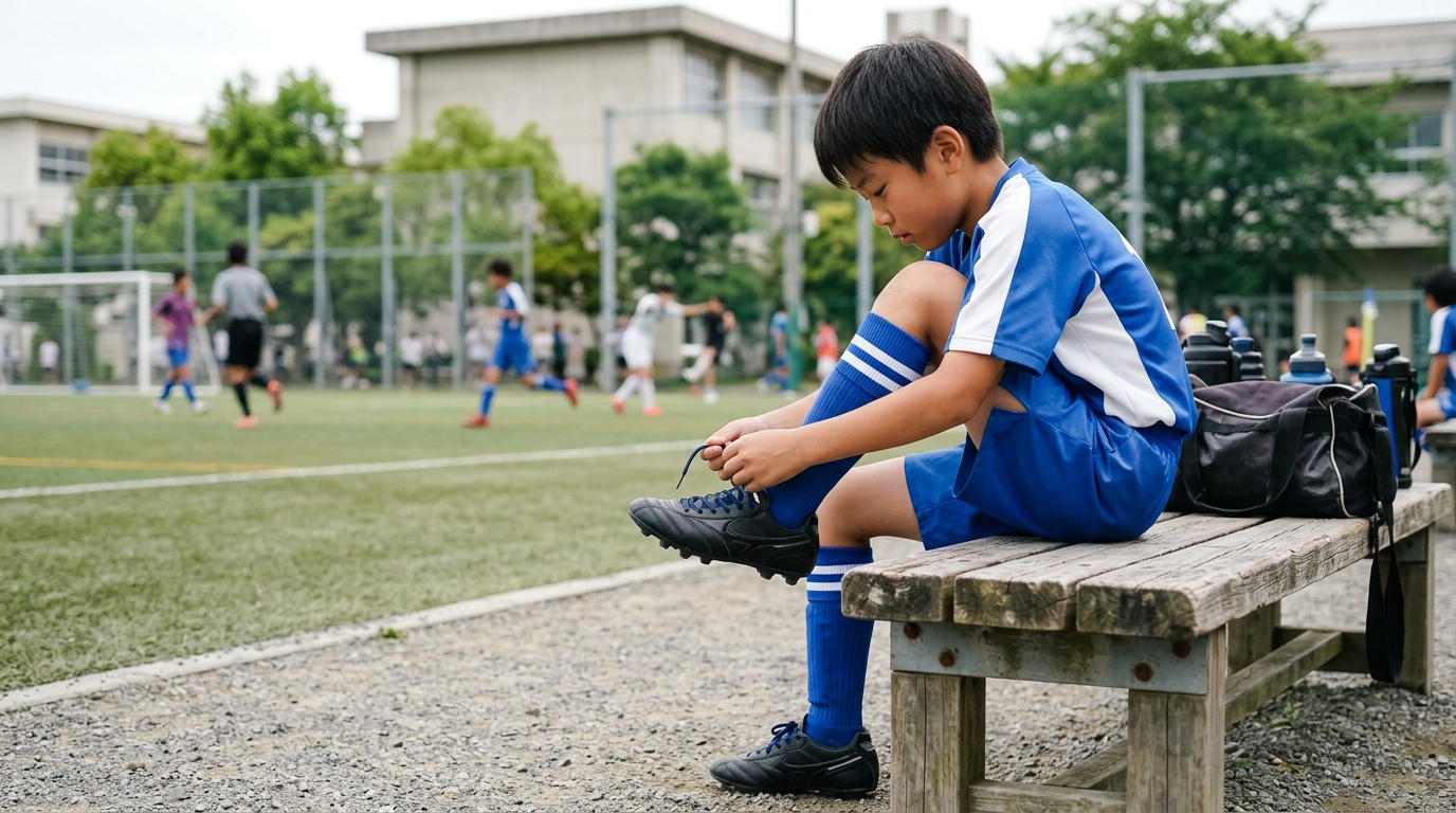 サッカーユニフォームへの防水スプレーの使い方を確認しながら、試合準備を進める少年選手のイメージ画像