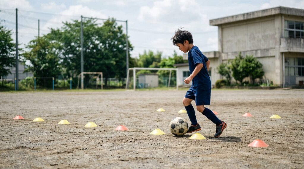 少年少女サッカーでリアクションボールを使った練習や反応力向上を表すイメージ画像