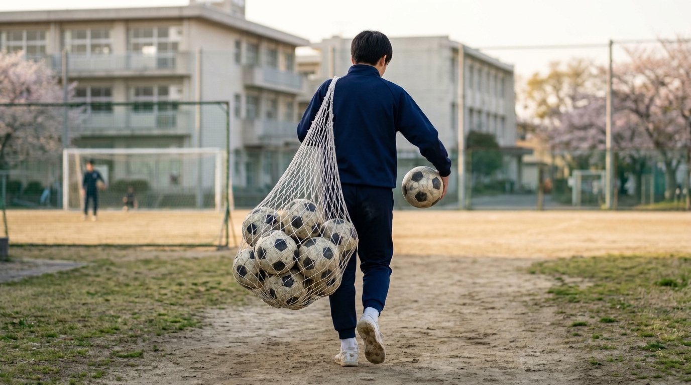 サッカー練習1人でできる中学生向けメニューに取り組み、放課後に自主練を続ける少年選手のイメージ画像