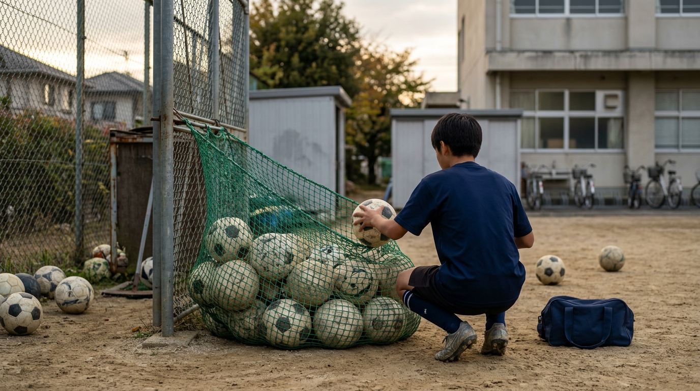 サッカーのパス種類を覚えようと意識しながら、正確なキック練習に取り組む少年選手のイメージ画像