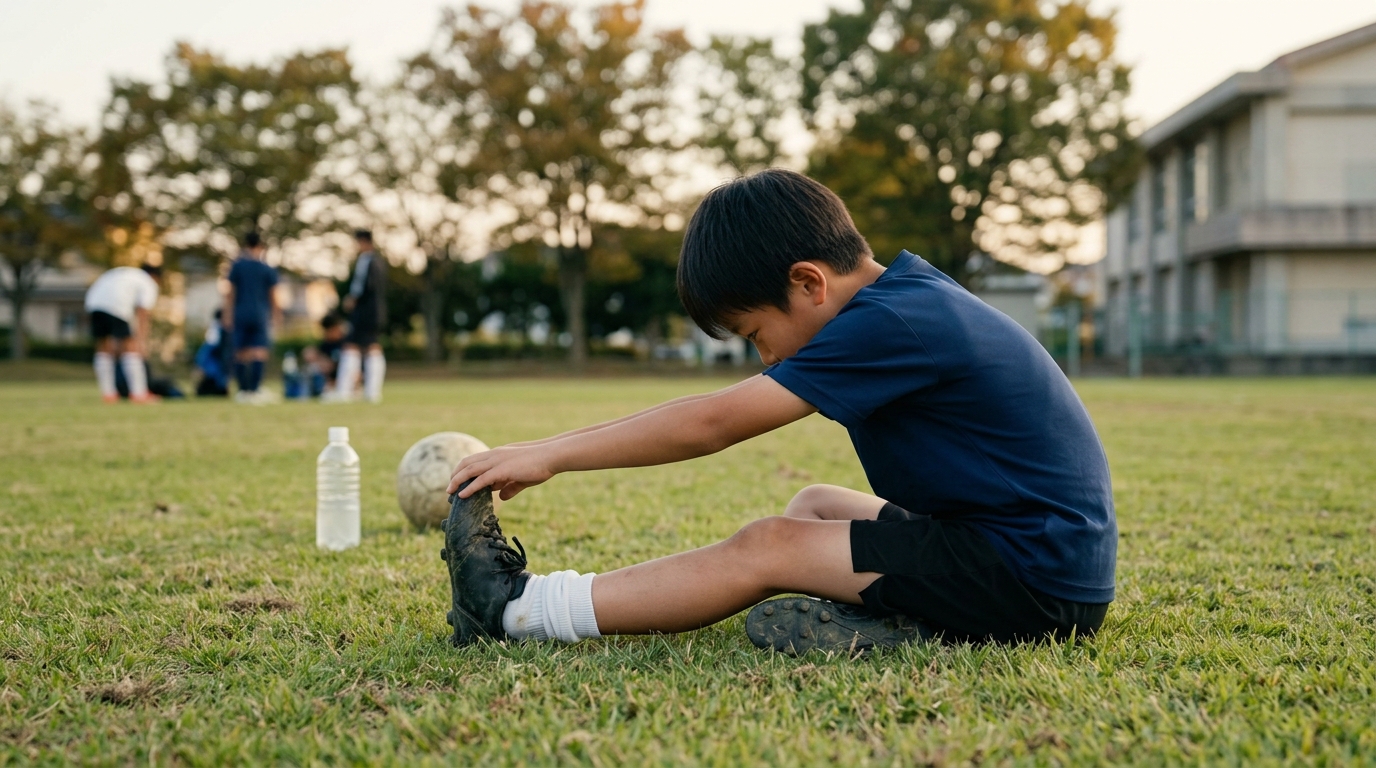 サッカー選手の手首テーピング方法を確認しながら、試合前のケアを行う少年選手のイメージ画像