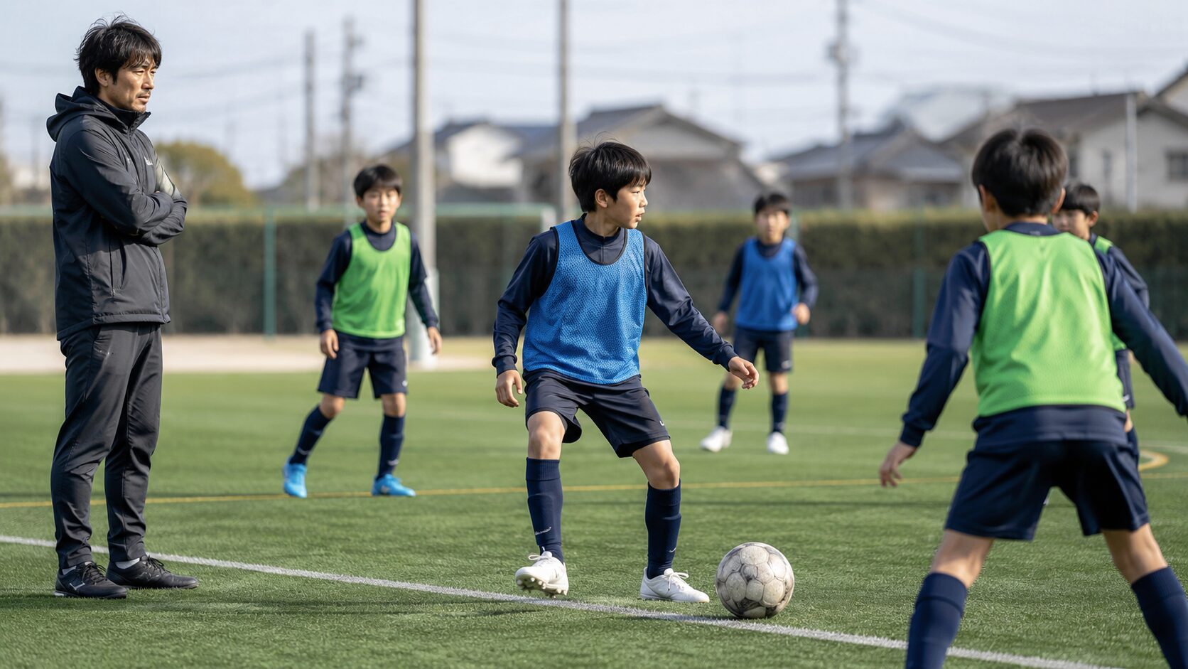 トレセン受かりやすいポジションを目指し、少年サッカーの試合で周囲を確認しながらプレーする男子選手のイメージ画像