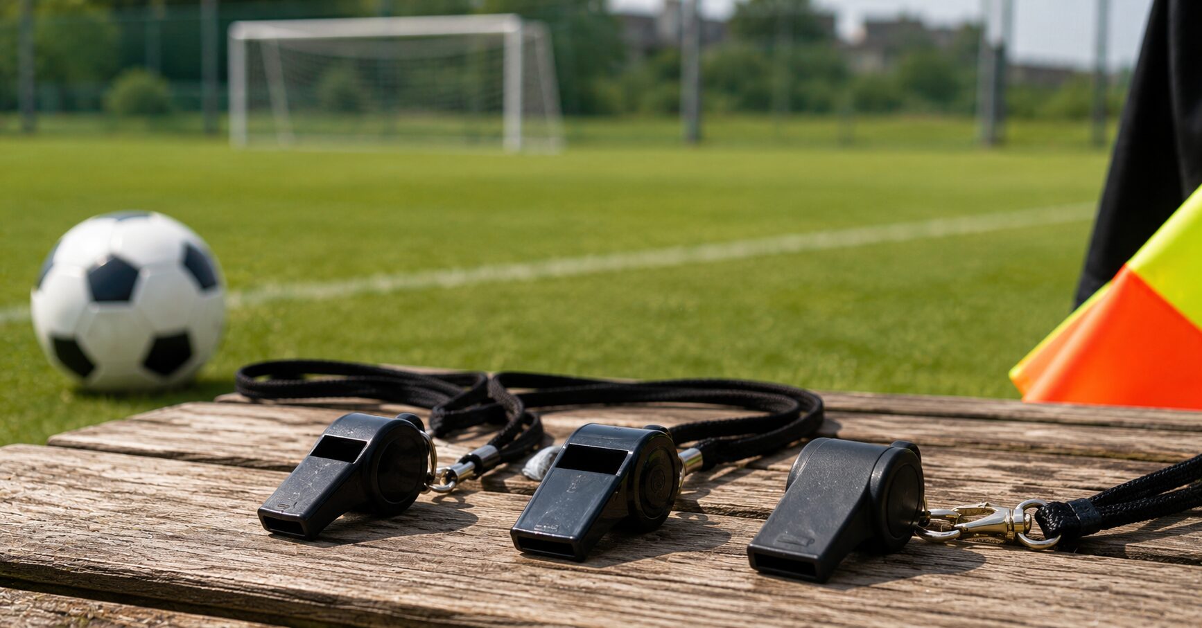 サッカー審判の笛おすすめ3選をイメージし、ホイッスルやレフェリー用品が並ぶ少年サッカー向けの用具を表すイメージ画像